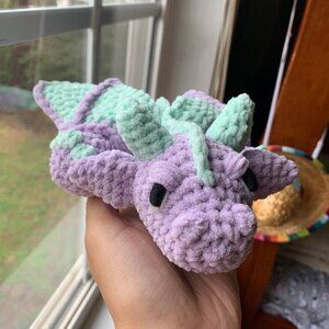 Purple & Green Chunky Fluffy Dragon Crochet Plush Stuffed Animal Toy 9.5" Length